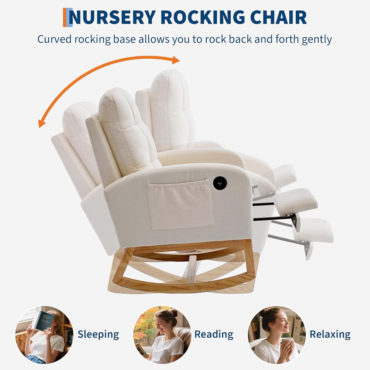 IDEALHOUSE Nursery Rocking Recliner Chair with Footrest & USB Port, Upholstered Mid-Century Glider Rocker with High (photo 3)