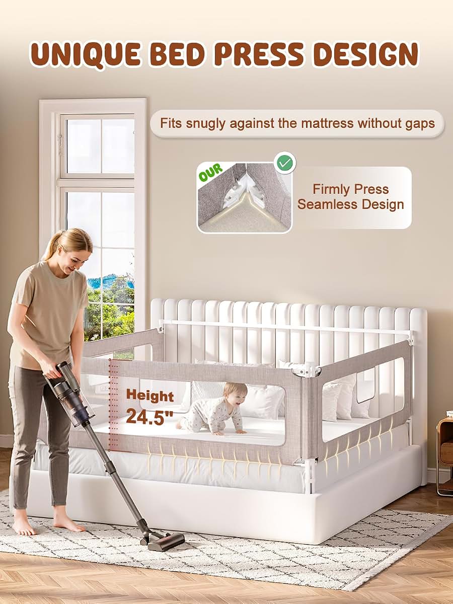VBABY 3-Piece Bed Rails for Queen Bed, Adjustable Height Toddler Rail, Grey