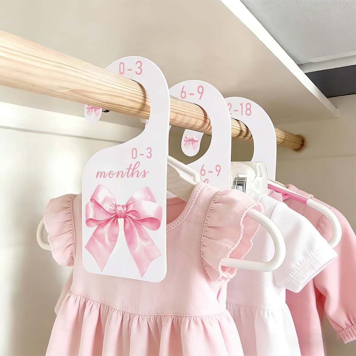 FYSUIMU 8-Piece Pink Bow Baby Closet Dividers, Watercolor Paper Hanging Organizer for Nursery