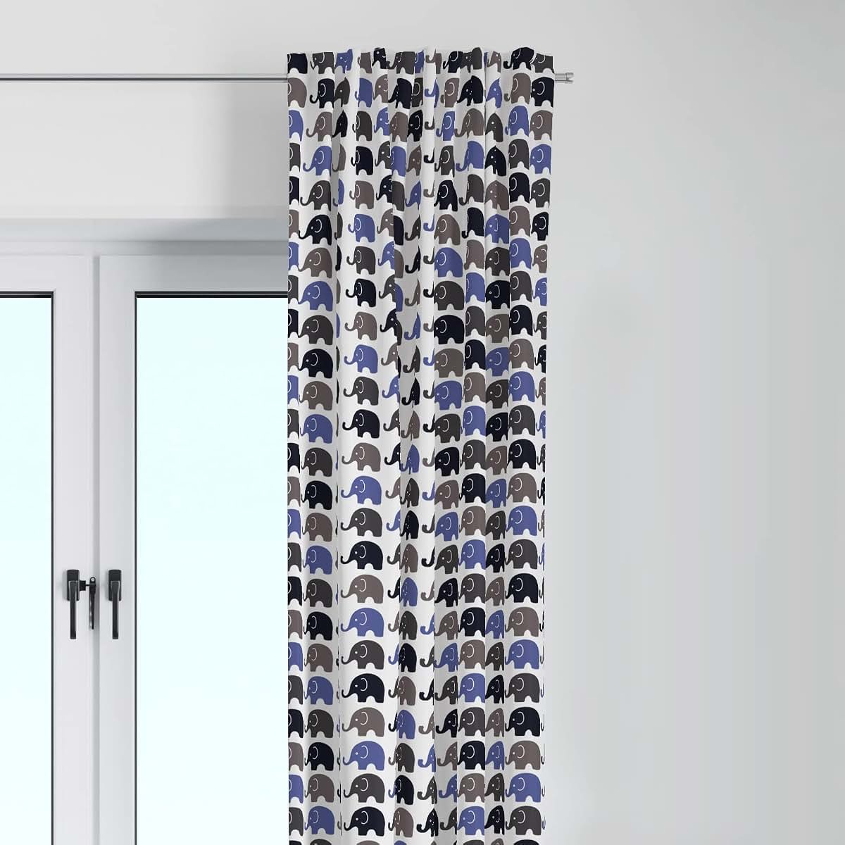 Bacati Single Light Filtering Curtain Panel Elephants Blue Navy Gray
