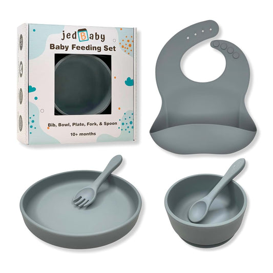 Jedbaby Feeding Set 5pcs (Bib, Plate, Bowl, Fork, Spoon) - Safe, 100% Food Grade Silicone, for Babies & Toddlers 10M+
