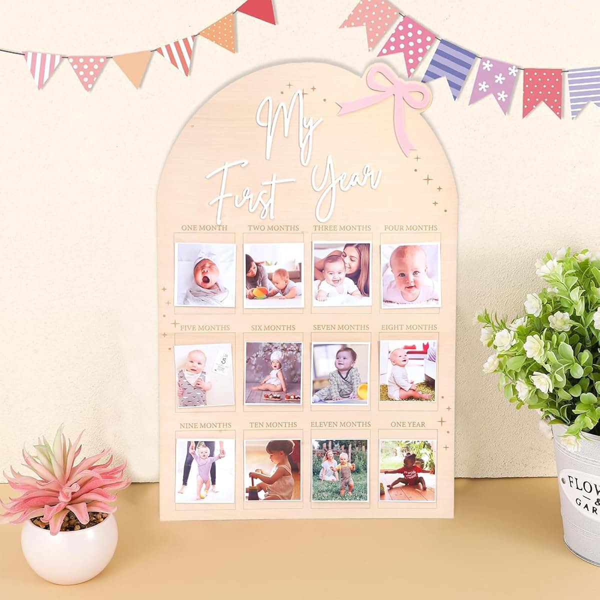 FLHRSM My First Year Photo Frame Board, 1st Birthday Girl Boy Gifts, Newborn Newmom Gift, 1 Year Old Girls Gifts, One