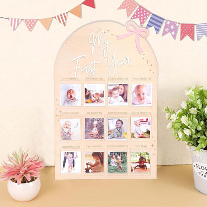 FLHRSM My First Year Photo Frame Board, 1st Birthday Girl Boy Gifts, Newborn Newmom Gift, 1 Year Old Girls Gifts, One