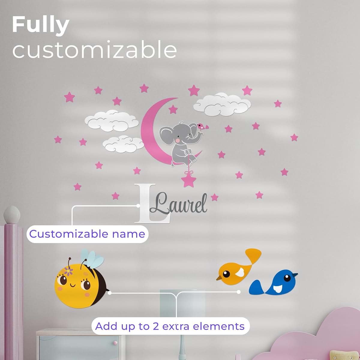 CRYPTONITE Custom Name & Initial Elephant Stars and Clouds - Prime Series - Baby Girl - Nursery Wall Decal for Baby