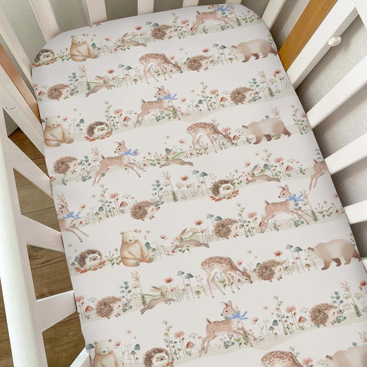 Selgkds Pastel Animals Bows Floral Mushroom Baby Crib Sheets for Boy Girl Cute Bear Deer Bunny Hedgehog Soft Snug