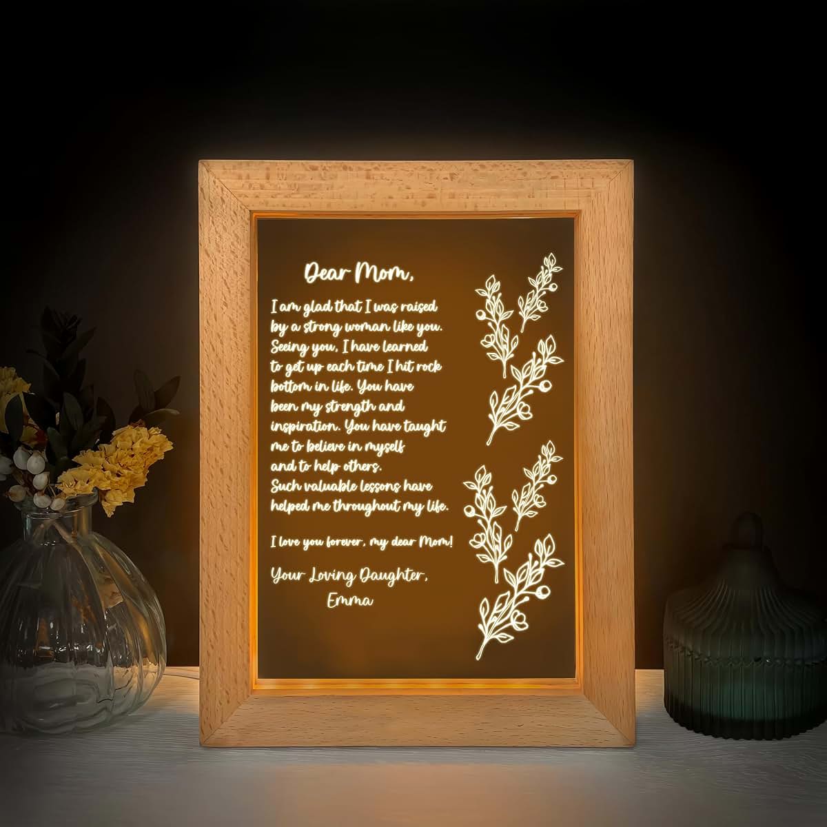 Fastpeace Perrsonalized LED Light Frame with Heartfelt Message for Mom, Letter For Mom Floral Design Wooden Frame