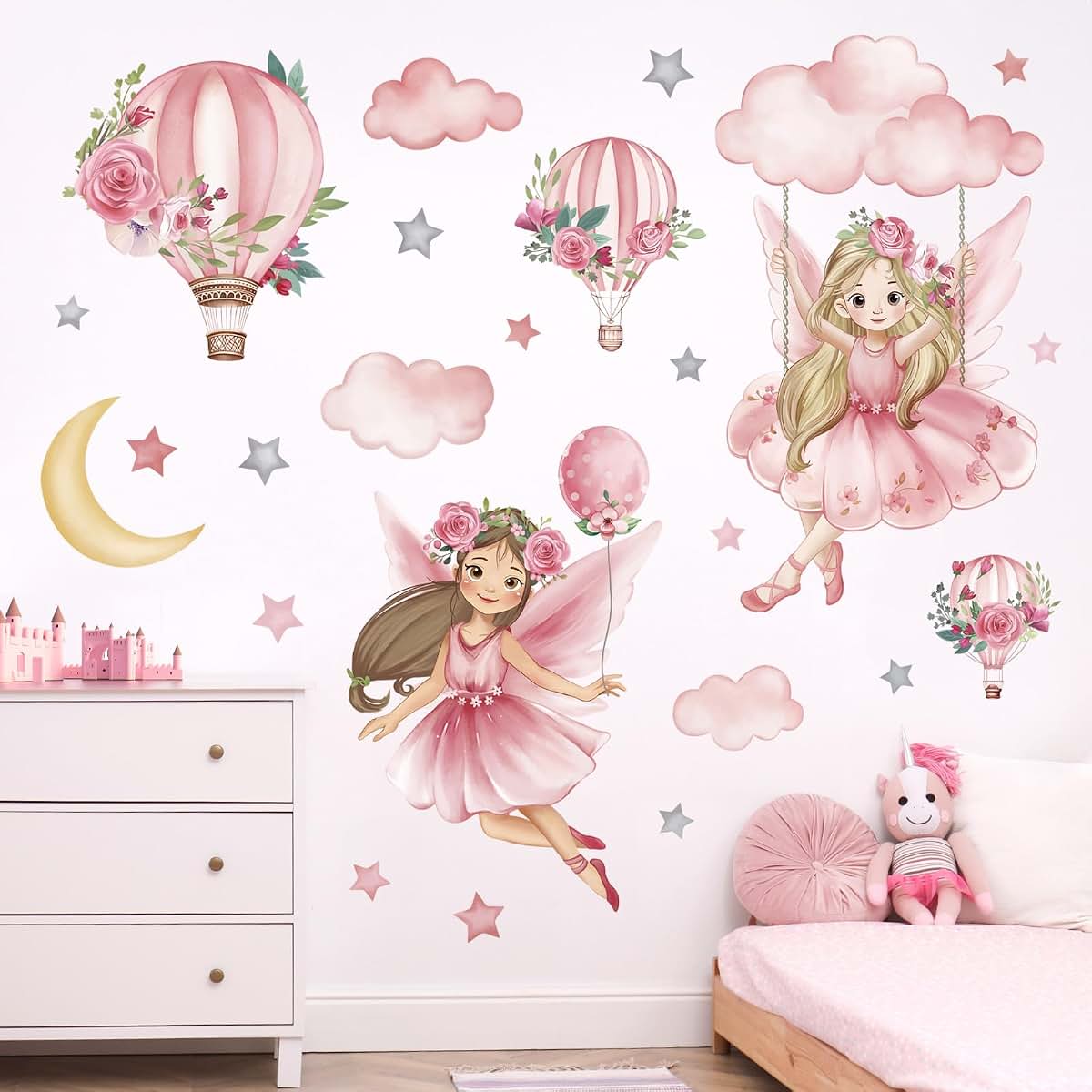 Wondever Pink Fairy Swing Wall Decals - Removable PVC Art Stickers