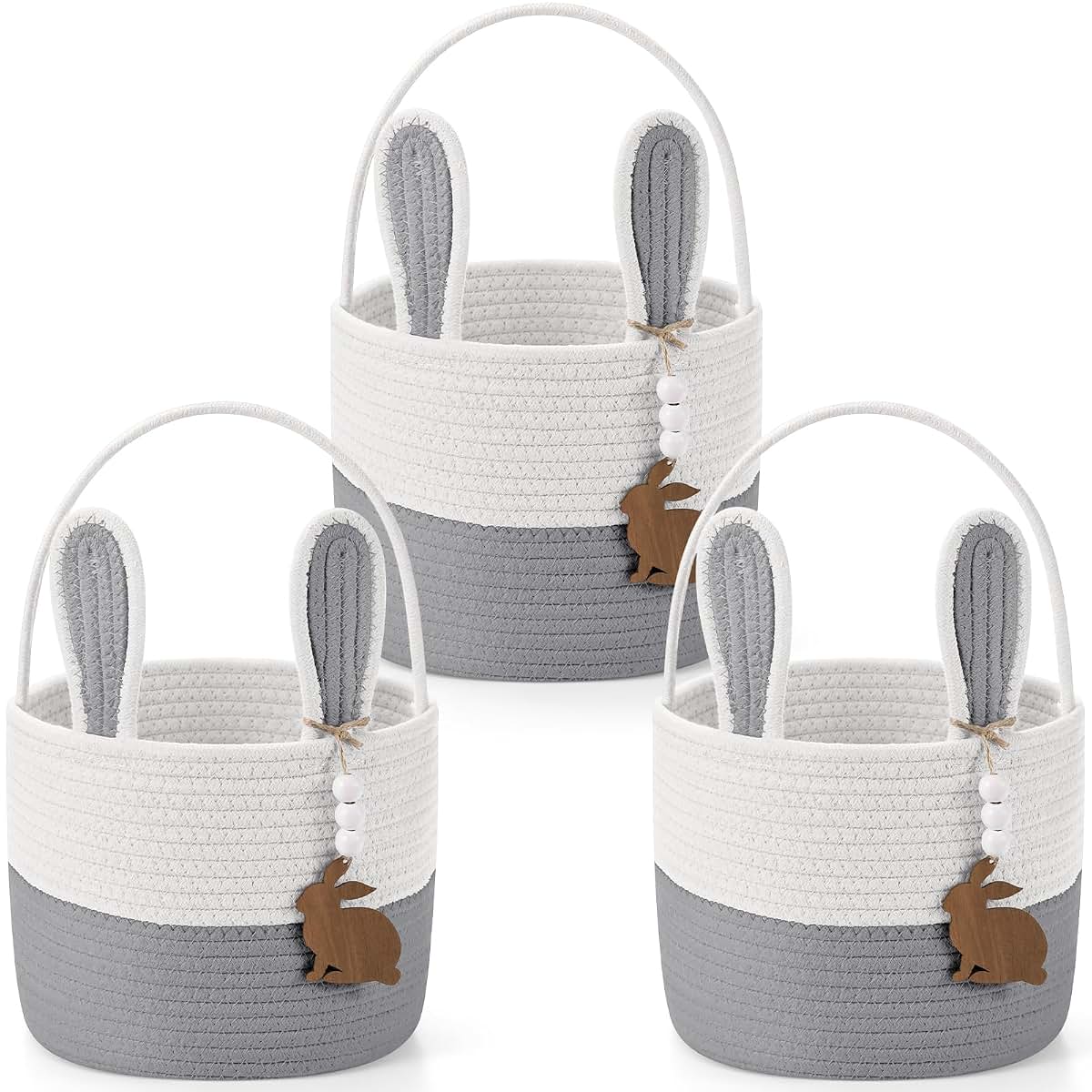 Breezehug 3 Pcs Easter Baskets for Kids, with Name Tag, Grey