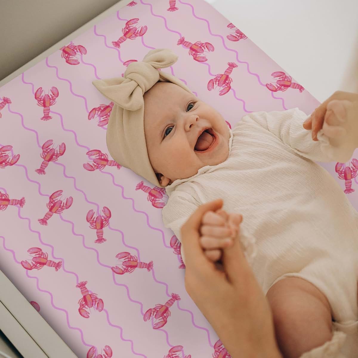 Lobster Bows Stripes Changing Pad Cover, Soft Polyester, Fits 32x16 Inch Pad