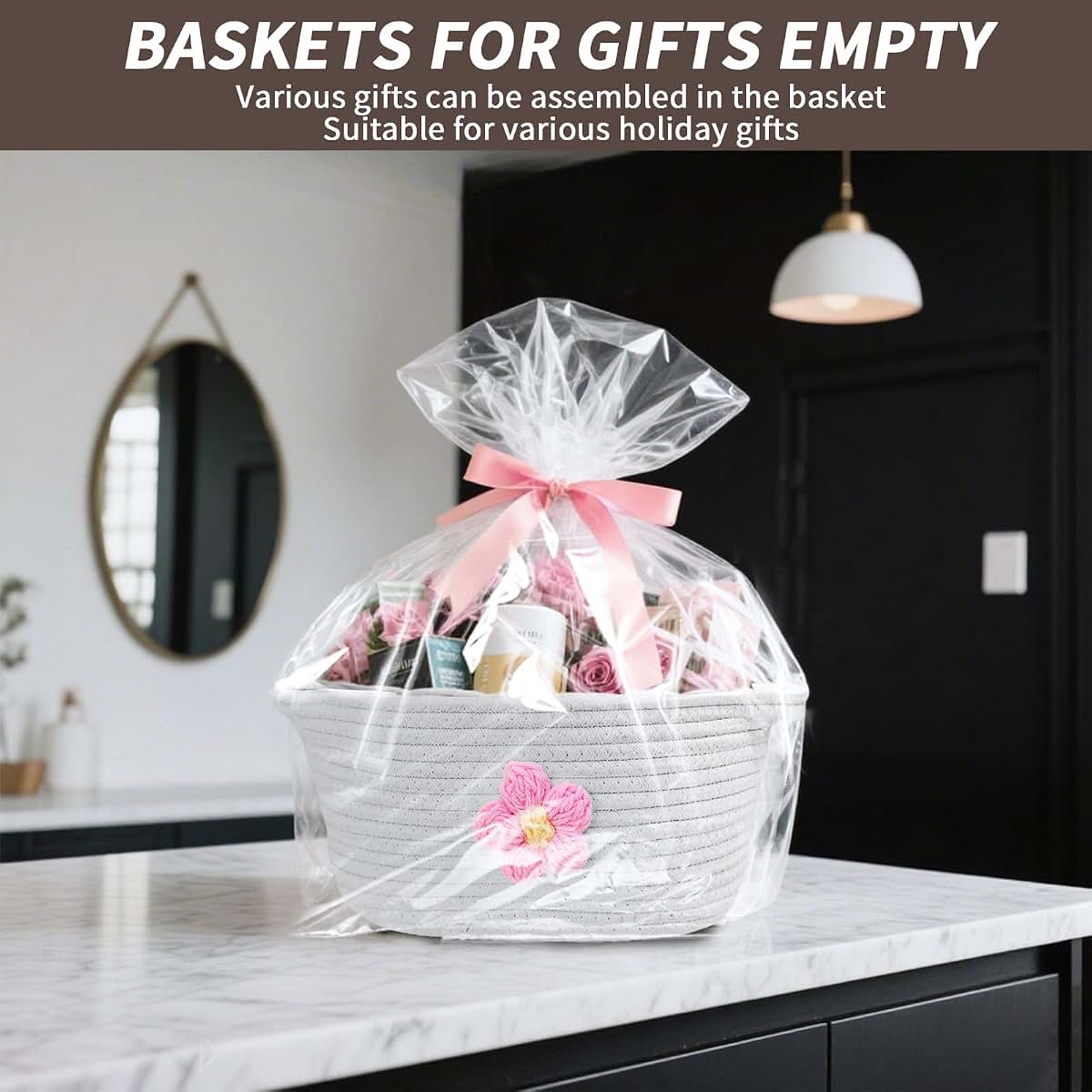 Esme L&H Basket for Gifts, Gift Basket Empty & Ribbon, Large Cap Basket 12x9x6 (photo 4)