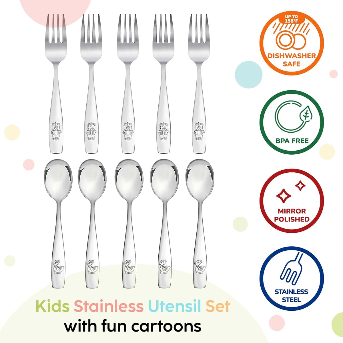 Plaskidy Kids Stainless Steel Silverware Set of 10 Toddler Forks and Spoons