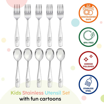 Plaskidy Kids Stainless Steel Silverware Set of 10 Toddler Forks and Spoons