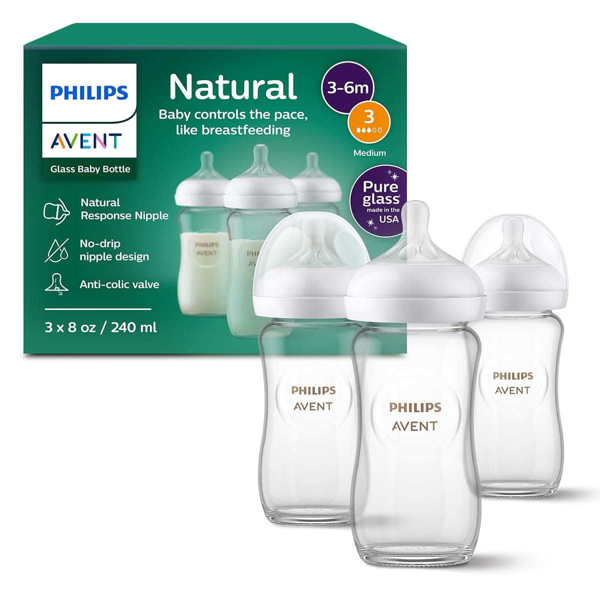Philips Avent Glass Natural Baby Bottle 3-Pack, 8oz