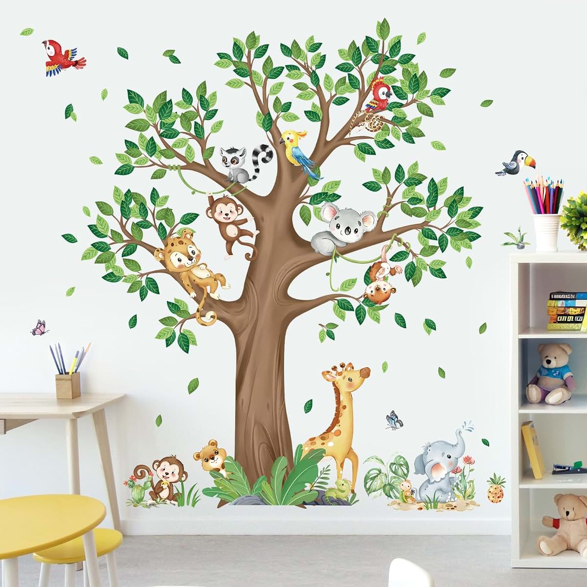 Yanfeng Jungle Animal Tree Wall Decals Stickers - Peel and Stick Vinyl Decor, Waterproof, 4 Sheets