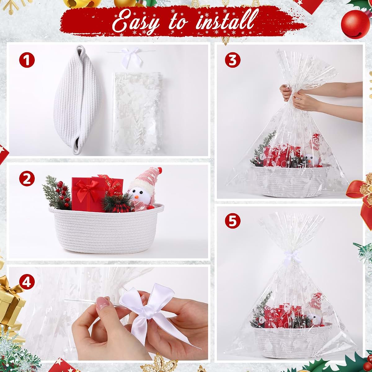 Teenyyou 3 Pack Woven Gift Baskets with Bags and Satin Bows, 12x8x5 Inch White Cotton Storage Basket