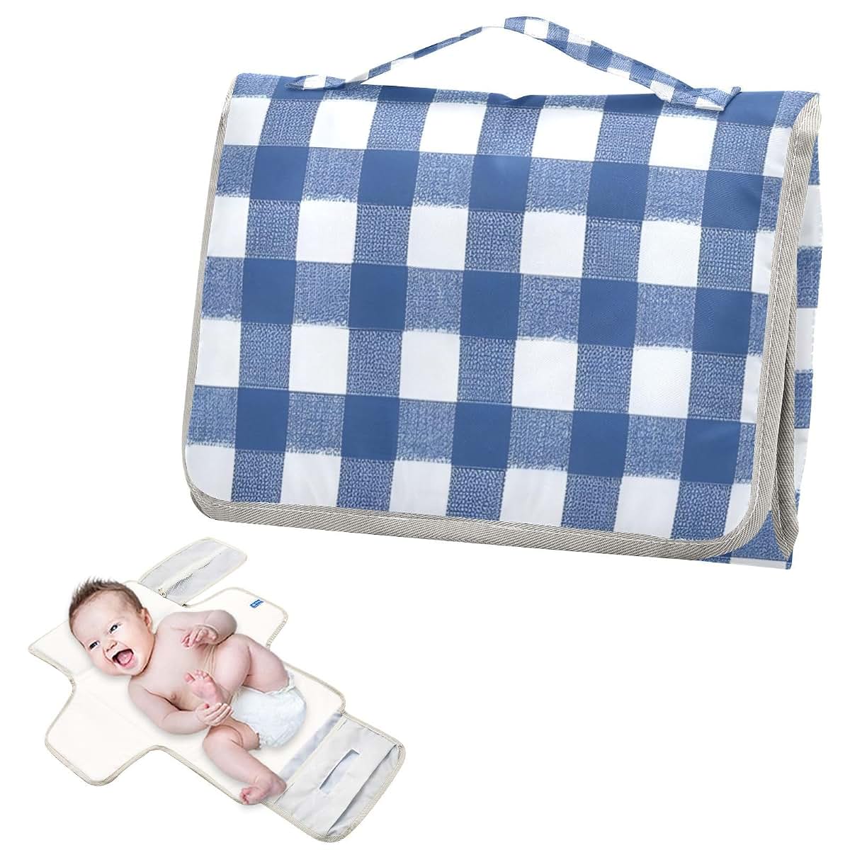 Jihqo Diaper Changing Pad Blue & White Gingham Portable Diaper Mat with Built-in Pillow