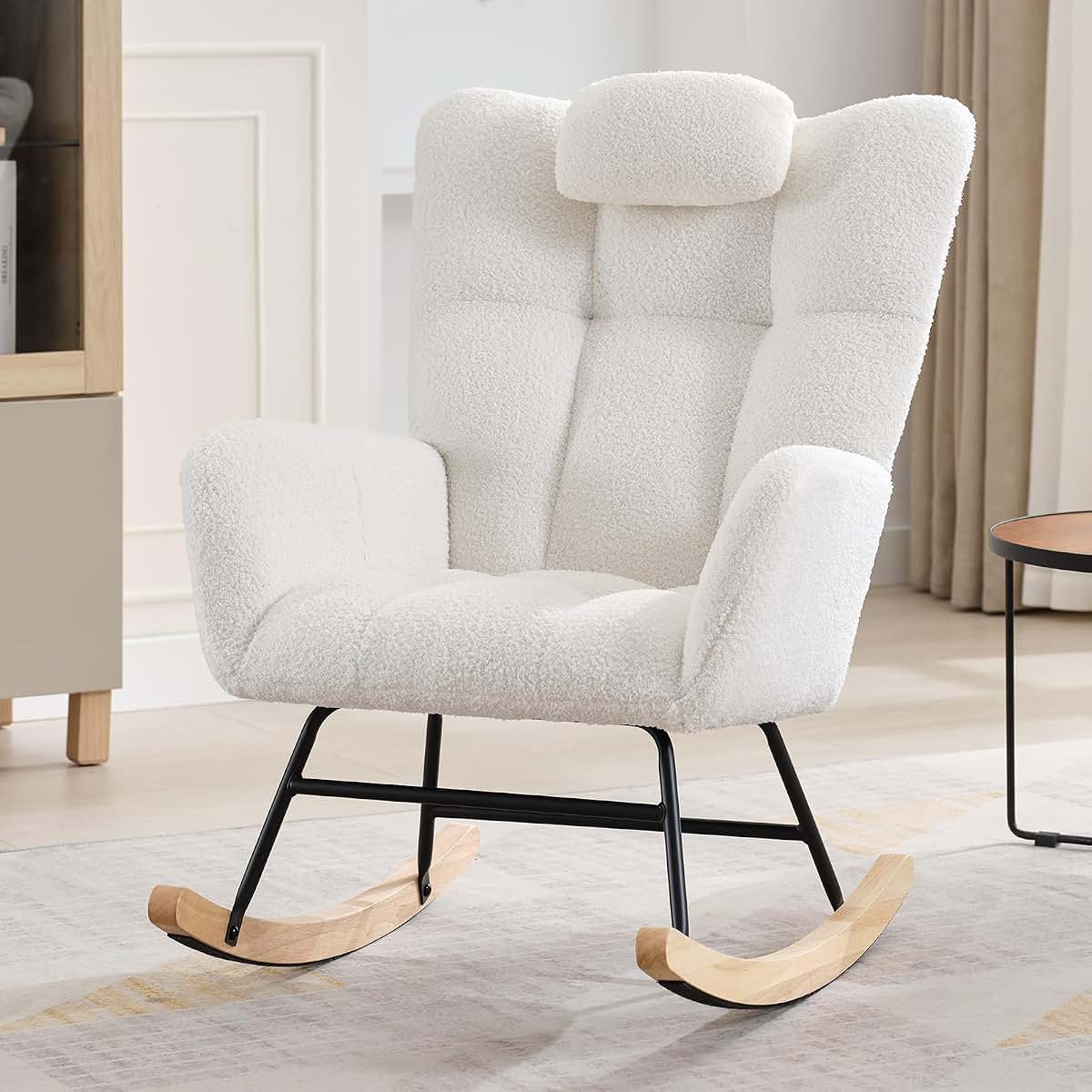MilleLoom Nursery Glider Rocker With Wood Legs And Side Pockets