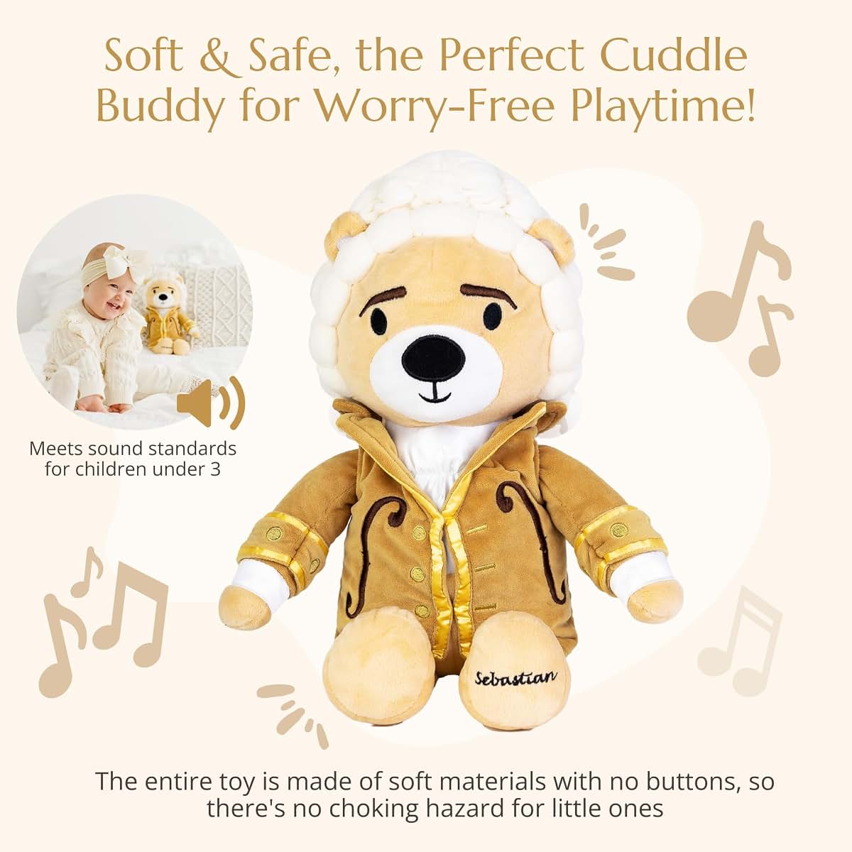 Vosego Bach Virtuoso Bear – Dual-Mode Plush Toy with Music & Comfort Features, Plays 40 Mins of Classical Music & White