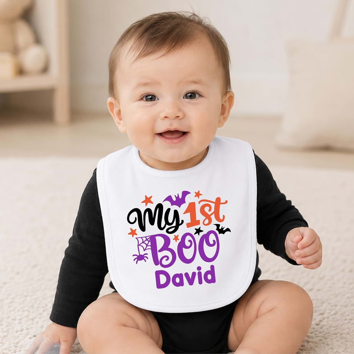Smiling Jindo Personalized My 1st Boo Baby Bib – Custom Name First Halloween Bib for Newborns & Infants – Soft Cotton (photo 4)