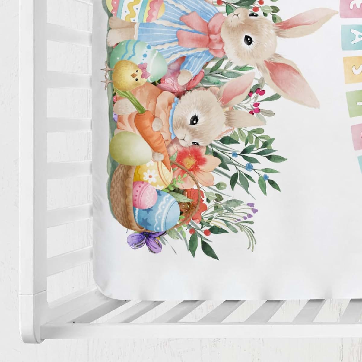 Happy Easter Bunny Eggs Fitted Crib Mattress Sheet