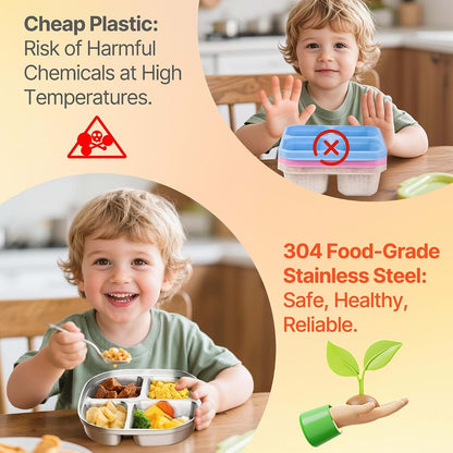 Hyperzacc Stainless Steel Kids Plates, Set of 4 with Lids, 4 Compartments, Dishwasher Safe