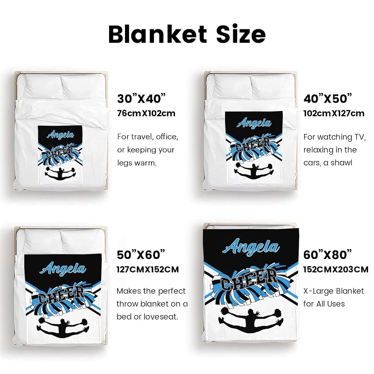 XIUCOO Blue White Custom Name Blanket Cheerleader Blankets for Newborns Girls Baby Blanket with Name Soft Cozy Fleece (photo 3)