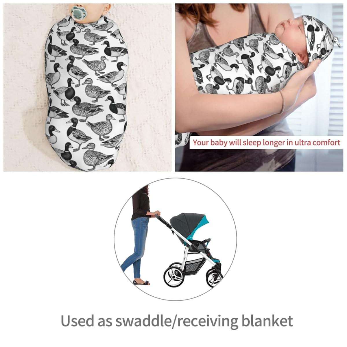 Muishi Vintage Ducks Newborn Swaddle Blanket and Hat Set, 0-6 Months