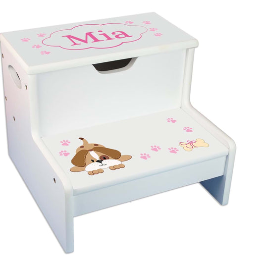 My Bambino Personalized Kids Step Stool | Pink Puppy White Childrens Step Stool with Storage | Custom Name Toddler