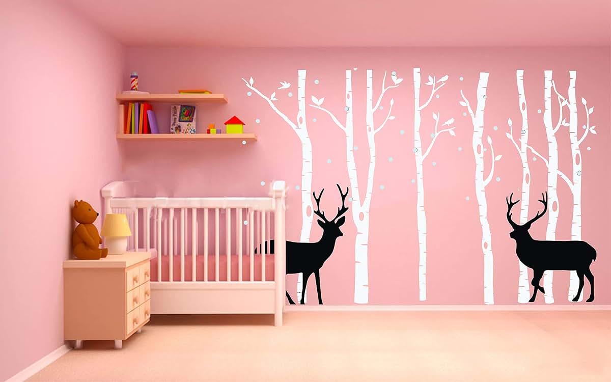LUCKKYY Birch Tree Deer Wall Decal Nursery Forest Removable Vinyl Sticker