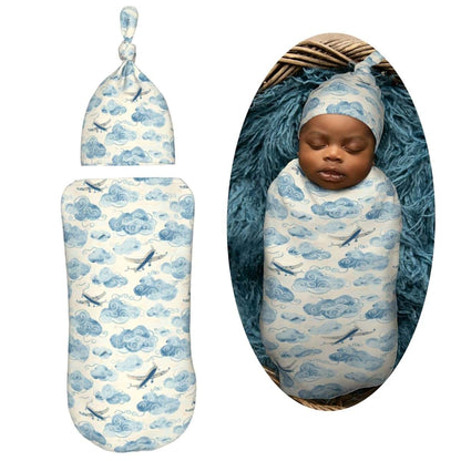 Muishi Hand Drawn Blue Airplanes Newborn Swaddle Blanket And Hat Set