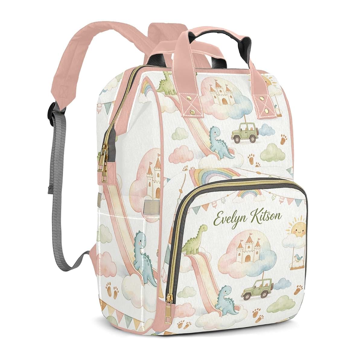 YallLocoMo Personalized Diaper Bag Backpack Gift Watercolor Fairy Tale Castle Dinosaur Convenient and Durable: (photo 2)