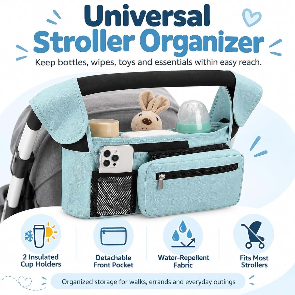 Homefy Stroller Organizer with Insulated Cup Holders, Universal Blue (photo 2)