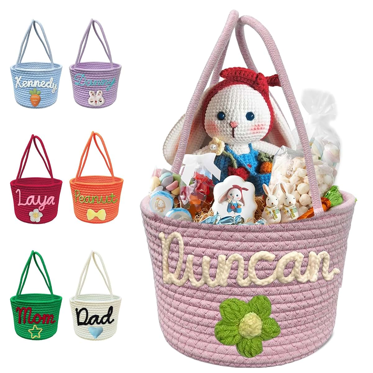 MiNaSii Personalized Easter Basket with Name Custom Easter Baskets for Kids Customized Easter Egg Bunny Buckets Bag
