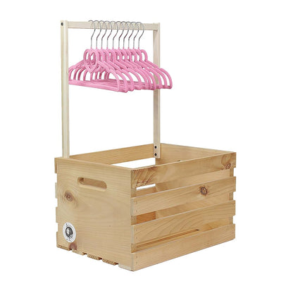 3 Stories Trading Company Natural Pine Baby Shower Wardrobe Crate, 10 Flocked Clothes Hangers, Fully Assembled (Pink)