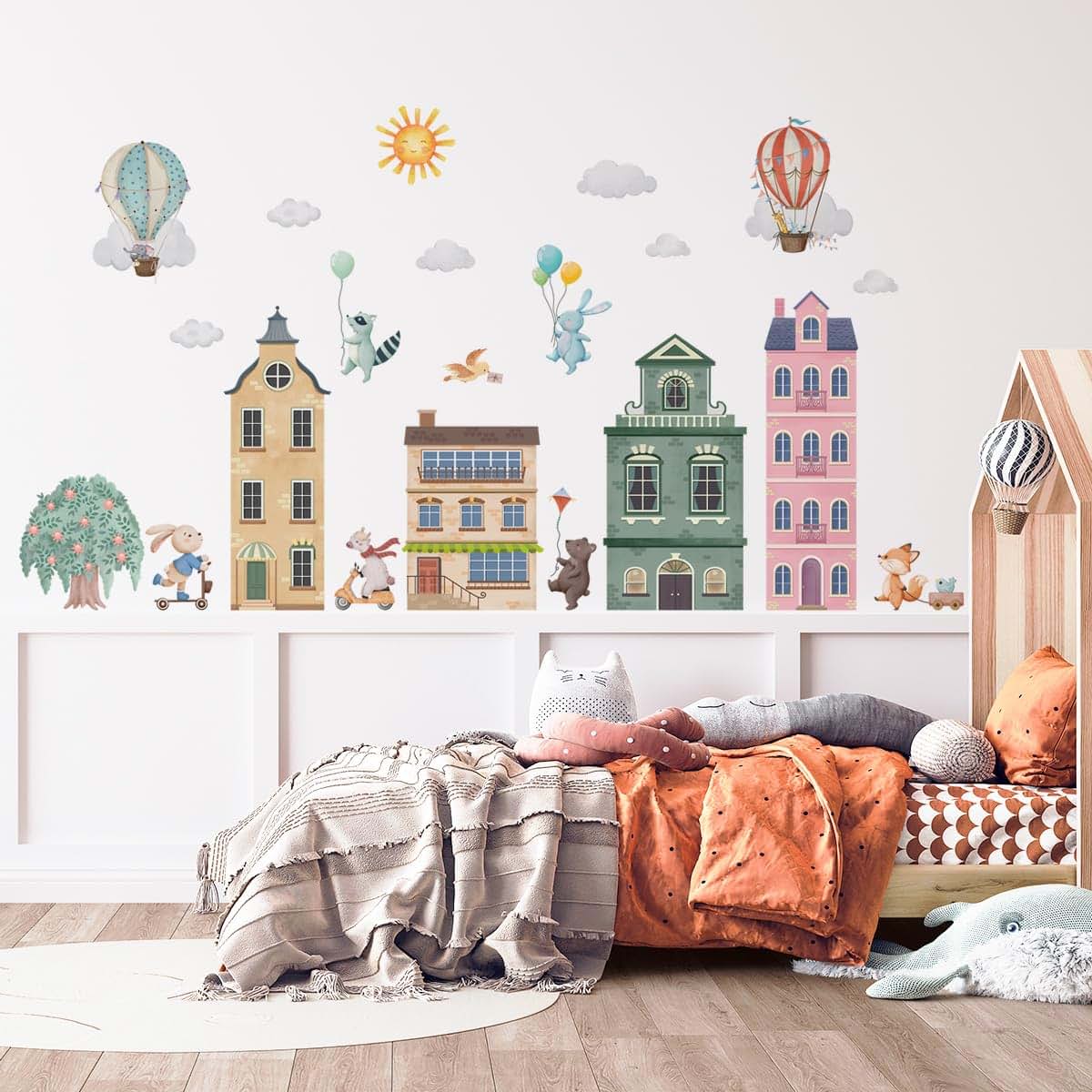 BabyOneStop Watercolor City Hot Air Balloons Wall Decals Removable Vinyl Stickers