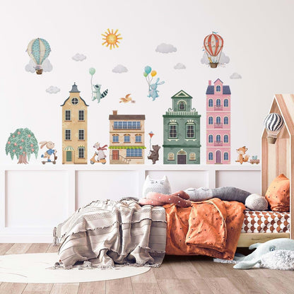 BabyOneStop Watercolor City Hot Air Balloons Wall Decals Removable Vinyl Stickers