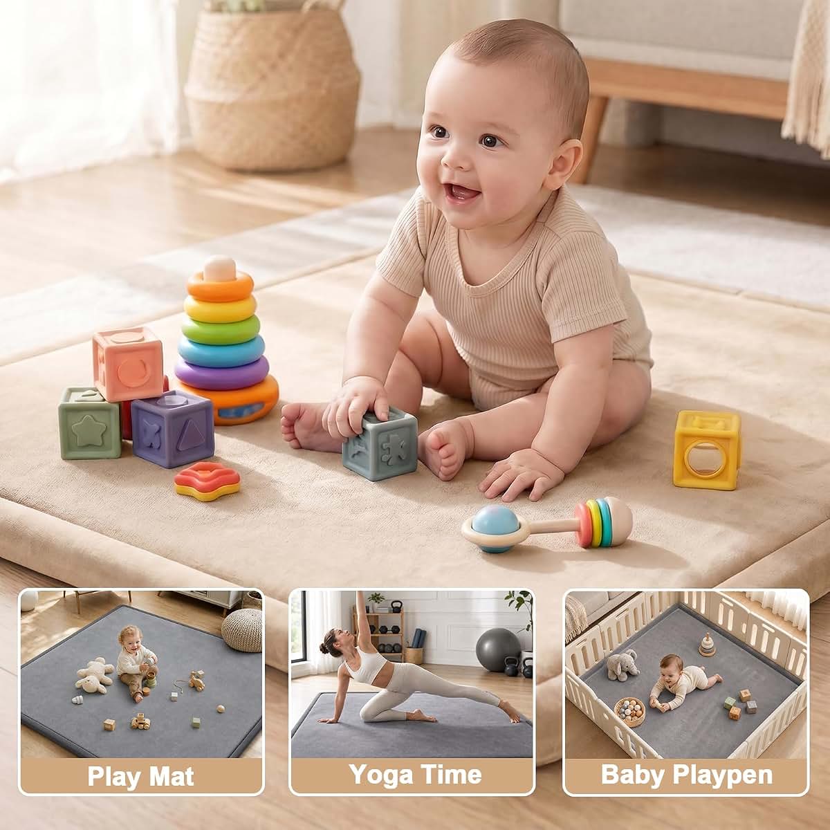 x-vesolje Ultra Soft Baby Play Mat, 1.3" Thick Memory Foam, Beige 79"x59"