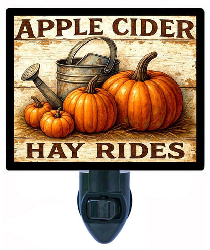 Night Light Designs Apple Cider and Hay Rides Night Light – Rustic Farmhouse Autumn Décor Lamp with Pumpkins, Rotating