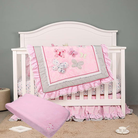 CribMATE 3 PCs Pink Embroidery Butterfly Nursery Crib Bedding Set Baby Girl 1 Quilt 1 Fitted Sheet 1 Diaper Changing