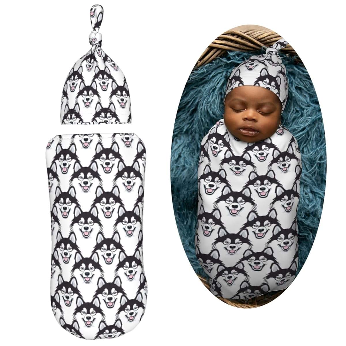 Muishi Cute Happy Husky Swaddle Blanket and Hat Set
