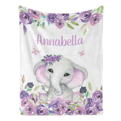 ColorAce Personalized Baby Blanket With Name Floral Elephant Design