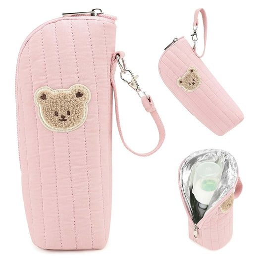 Monetais Insulated Baby Bottle Bag with Adorable Bear Embroidery - Breastmilk Cooler Travel Bag for On-the-Go, Portable