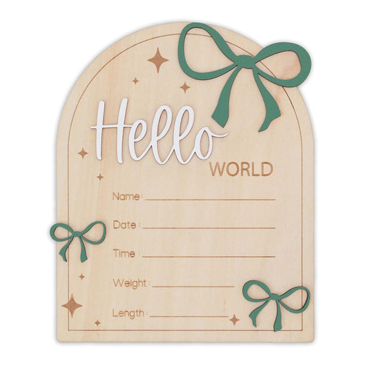 OENIZI Hello World Baby Birth Stats Sign Wooden Keepsake with Pink Bow, Newborn Photo Prop, Nursery Decor, Baby Shower