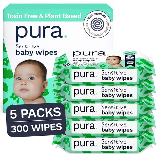 Pura Baby Wipes Unscented 300 Wipes (5 Packs) Sensitive Skin with Aloe Vera