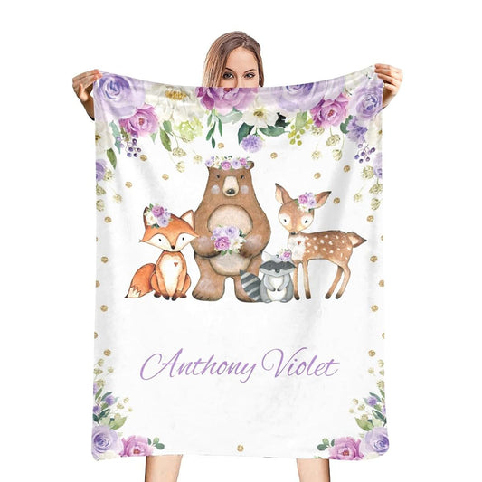 Nzoohy Woodland Animals Purple Floral Personalized Baby Blanket