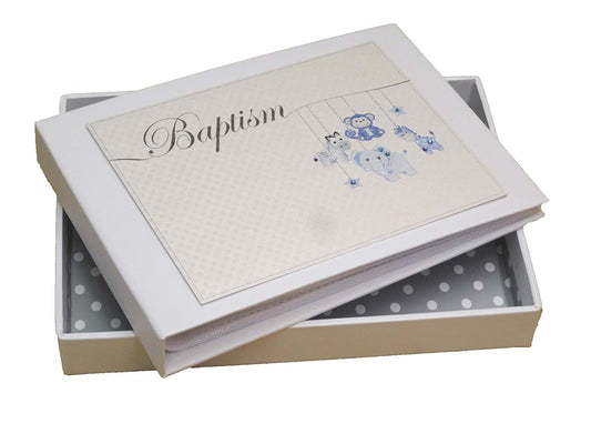 White Cotton Cards Baptism Photo Album with Blue Toy Animals Design