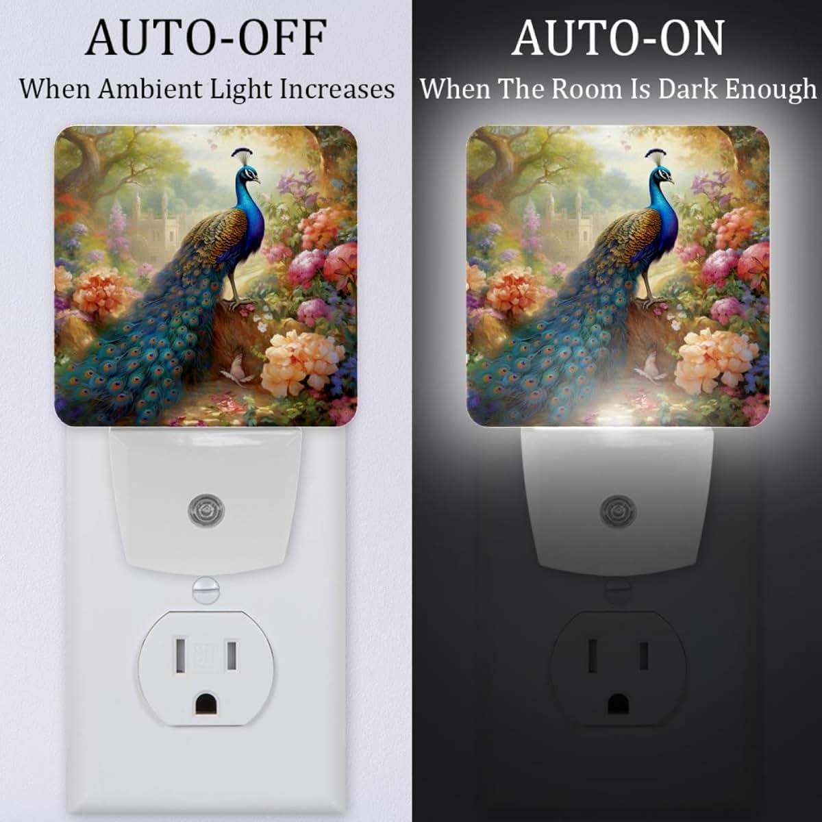 NEWzone Peacock Flowers Night Light, Auto Sensor LED Plug-in Wall Decor
