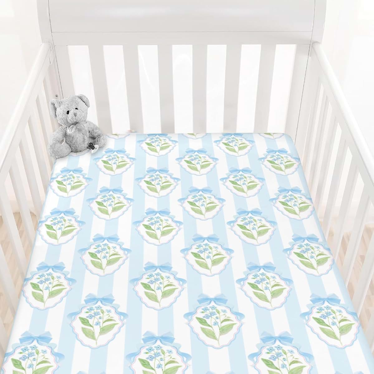 Cstdyfrv Pastel Flowers Bows Striped Baby Boys Girls Crib Sheets Pink Blue Hydrangea Floral Ribbon Bows Fitted Crib