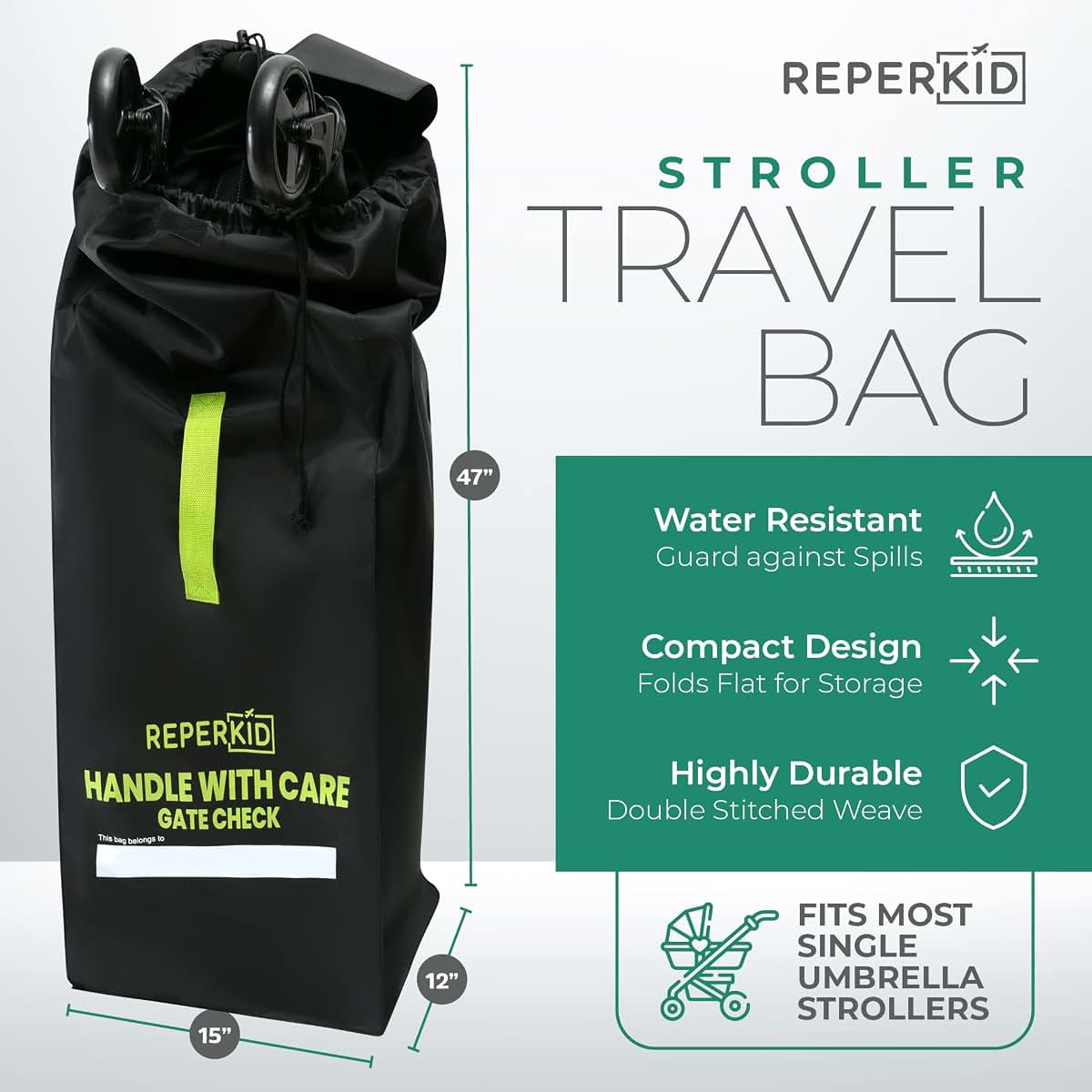 Reperkid Umbrella Stroller Bag for Airplane Travel, Black and Green (photo 3)
