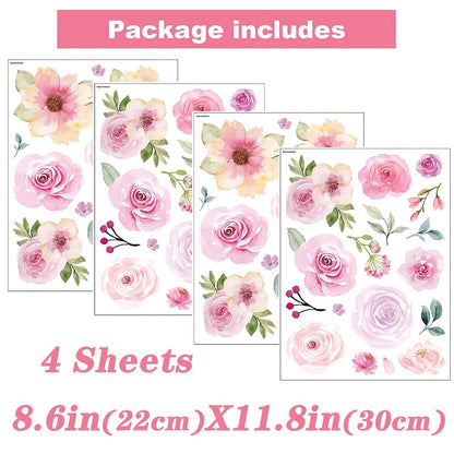 Sacinora 4‑Sheet 60‑Piece Pink Rose Peach Blossom Wall Stickers